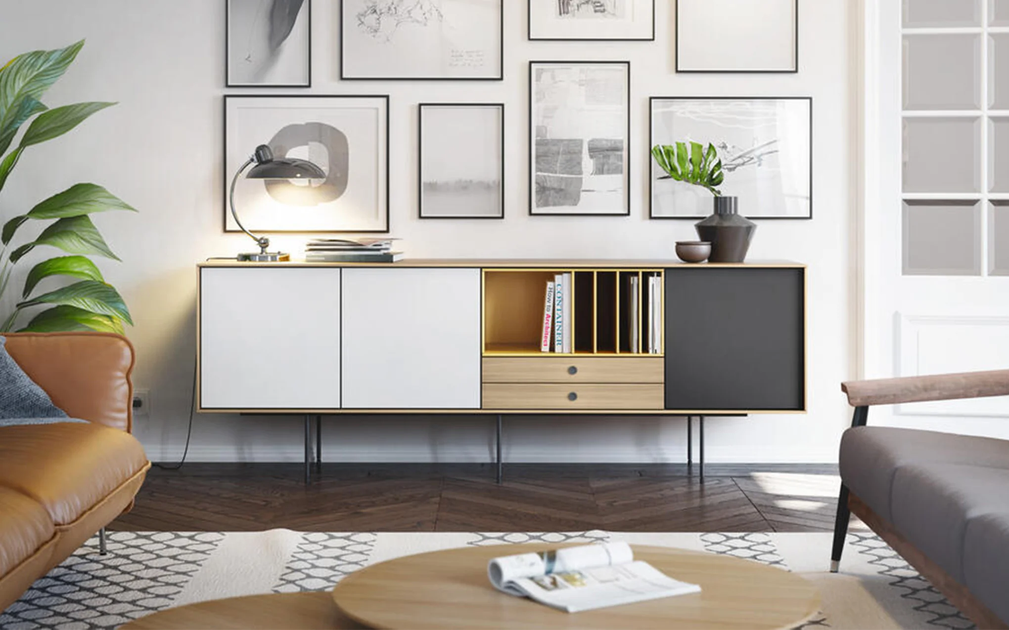Aura sideboard - natural oak, white & graphite - Image 2