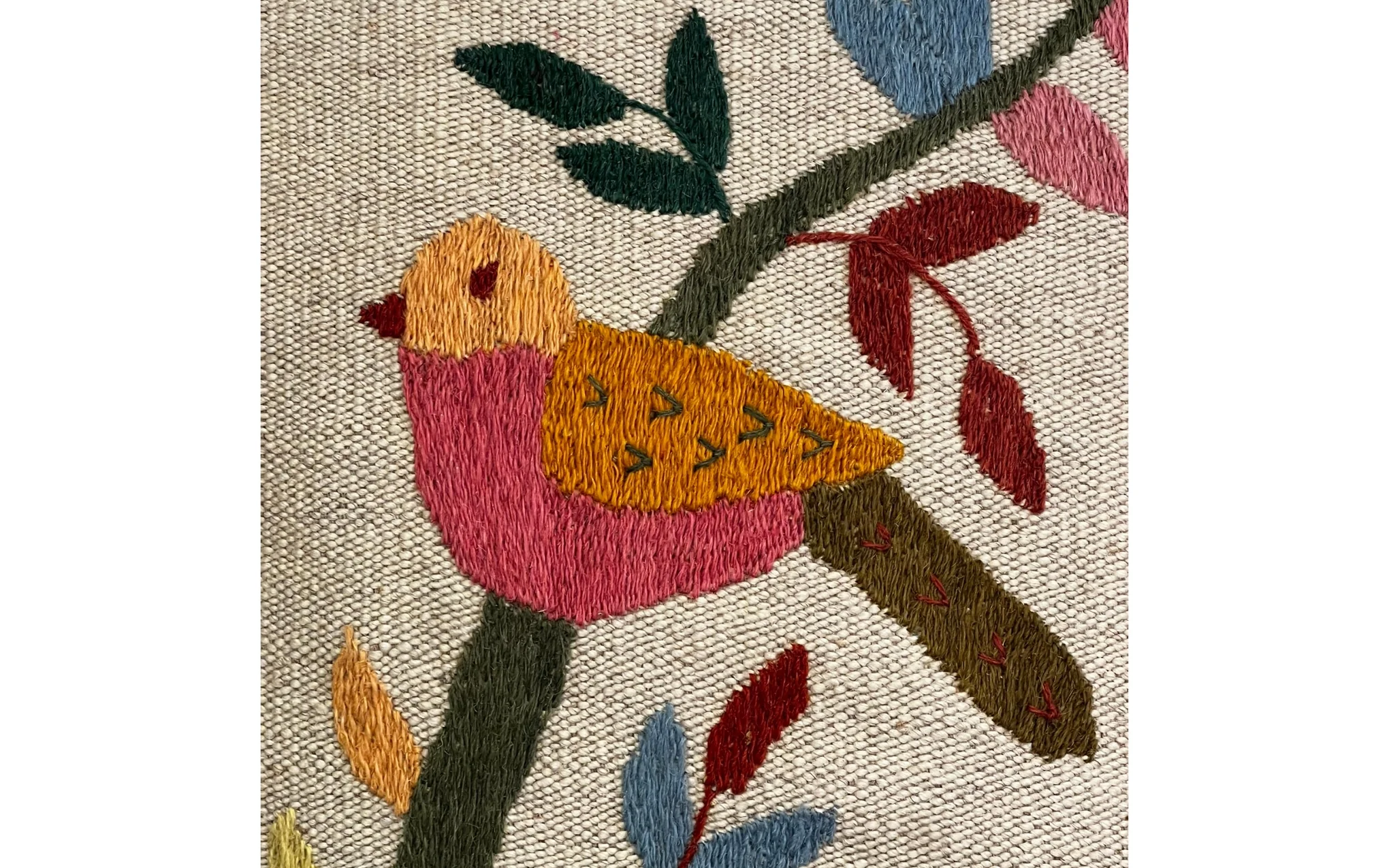 Suzani embroidered cream cushion - bird on branch - Image 2
