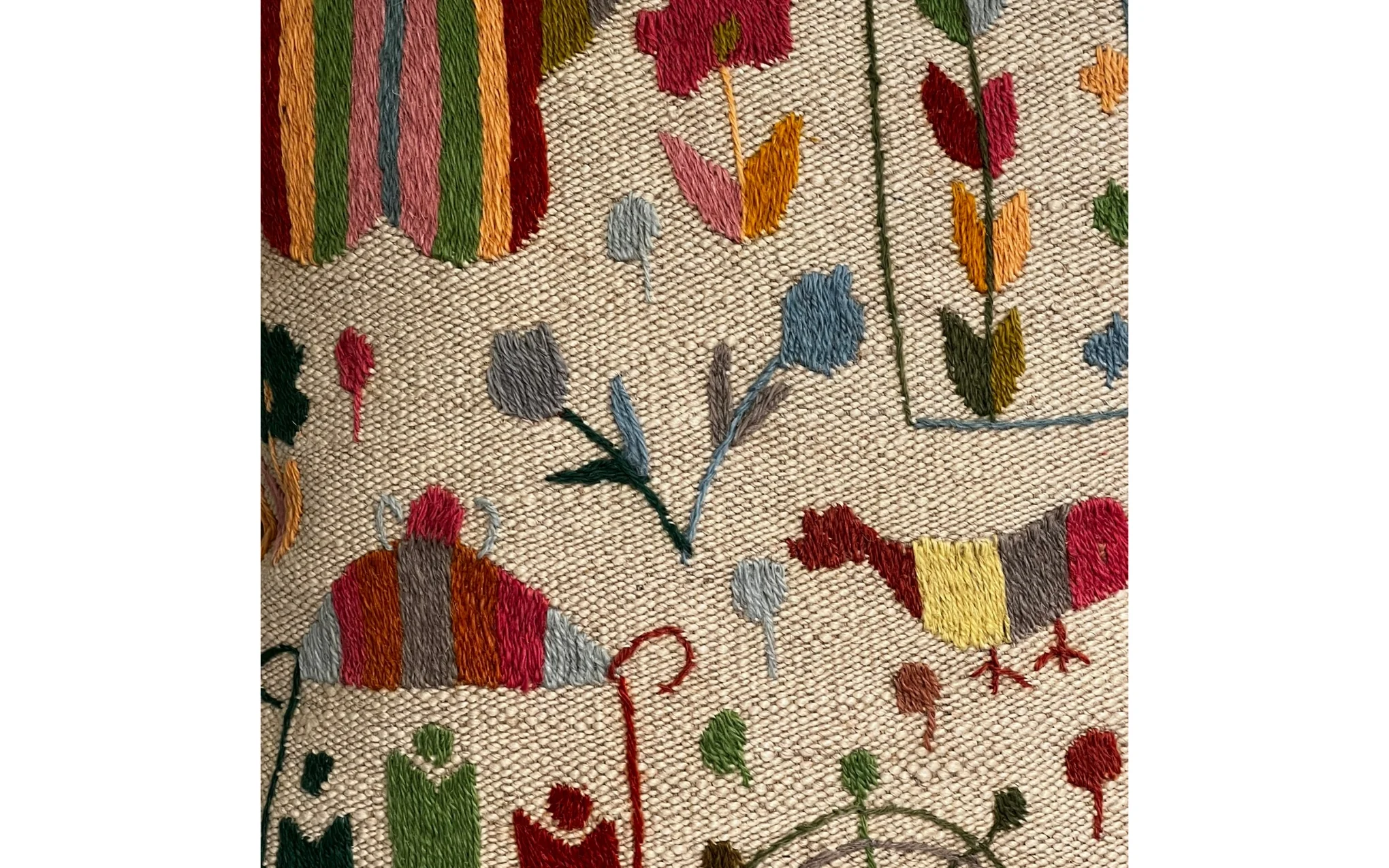 Suzani embroidered cream cushion - buildings & butterfly - Image 2